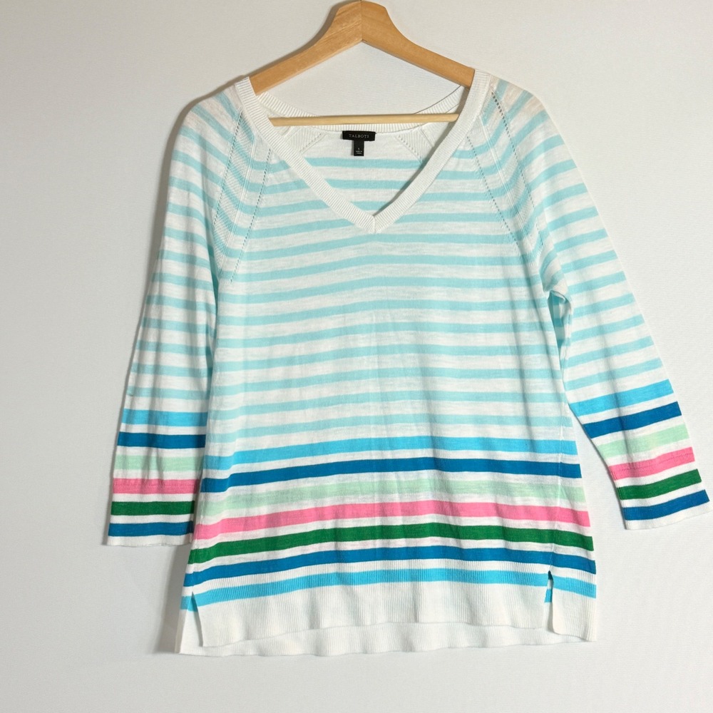 Talbots  Women Size Small ‎ Striped Sweater Aqua White Coastal Casual Soft Quiet